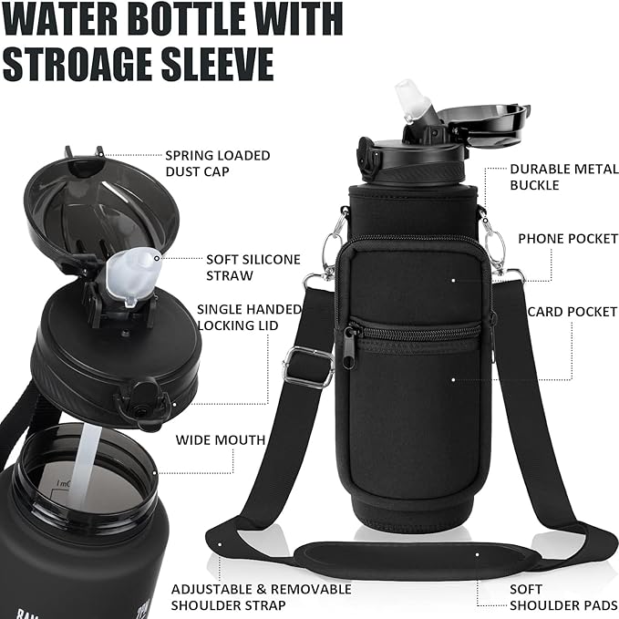 Fimibuke 32 oz Water Bottle with Sleeve - BPA Free Leakproof Sport Large 1L Plastic Motivational Water Bottle with Straw Strap & Insulated Neoprene Holder Carrier Bag Great Xmas Gift for Women Men
