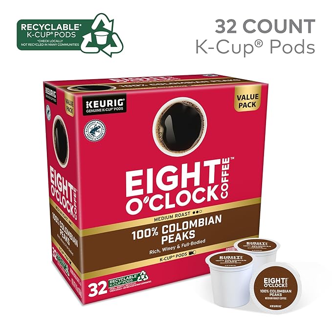 Eight O'Clock Coffee Colombian Peaks Single-Serve Keurig K-Cup Pods, Medium Roast Coffee Pods, 32 Count (Pack of 2)