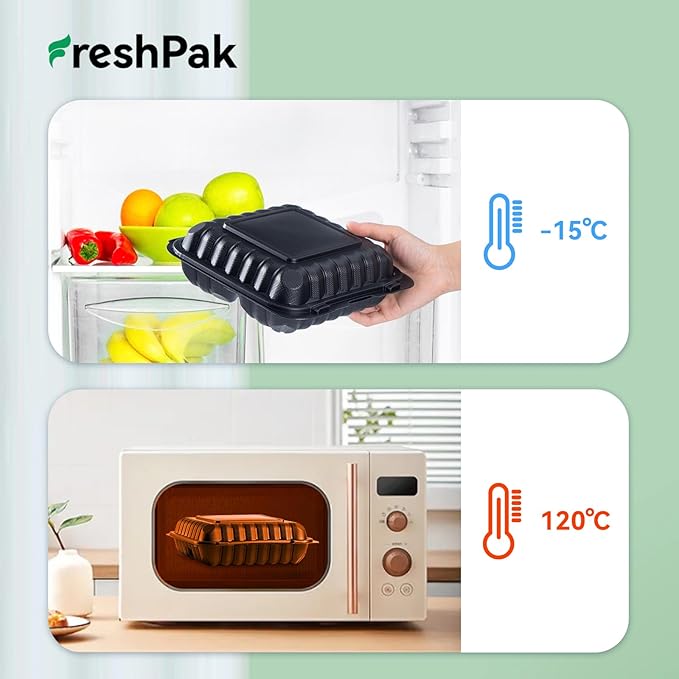 Food Containers Mineral Filled PP 55 Pack - 8x8 34 oz Shrink Wrap BPA Free Plastic | Stackable Storage Clamshell Takeout Container | Reusable Microwave Safe | 3 Compartment Black Lunch Boxes