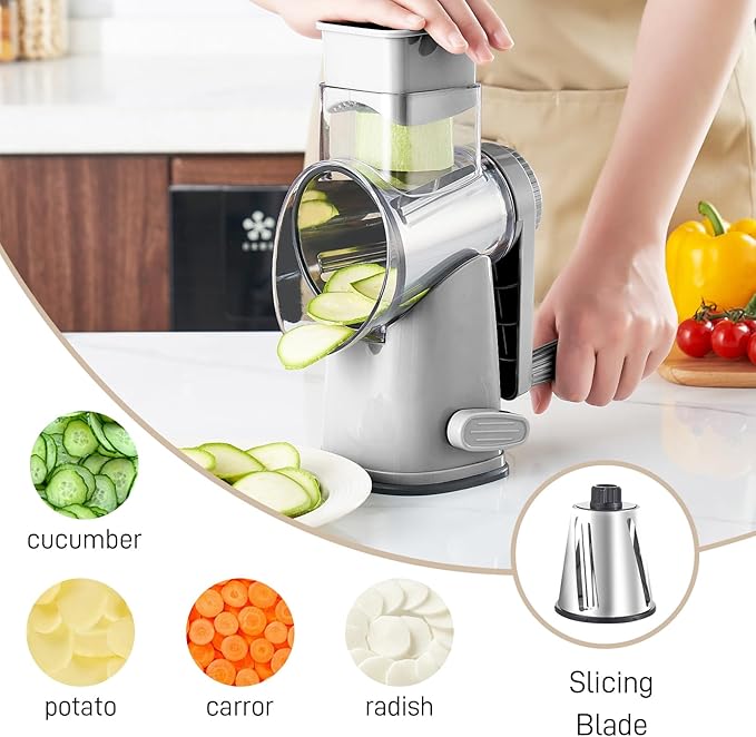 Rotary Cheese Graters with 4 Blades, Hand Crank Cheese Grater with Waffle Slicer, Red, Black and White Cheese Shredder with Suction Base, Easier for Shredding & Grating (Grey, 4 Graters)