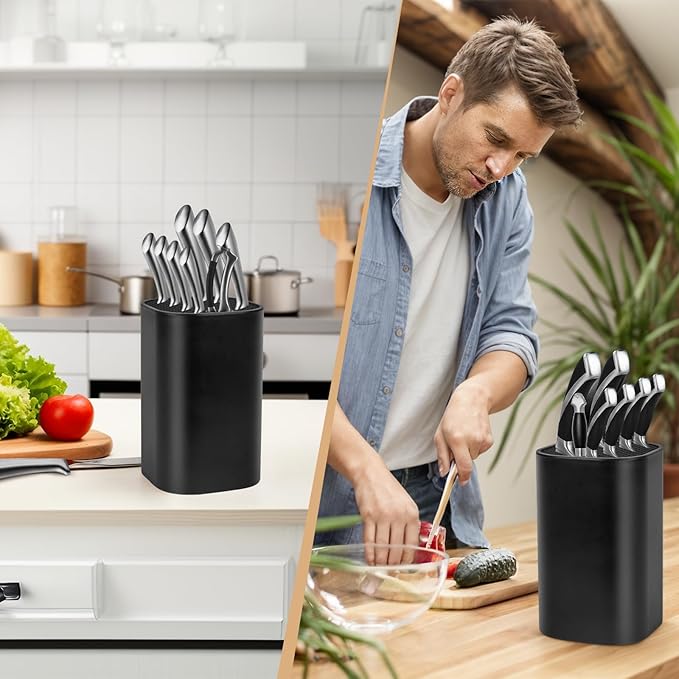 Ninonly Black Knife Block Without Knives 3 in 1 Universal Square Knife Holder Without Knives with Scissors Slot and Sharpening Rod Detachable Kitchen Knife Holder for Easy Cleaning Space Saver