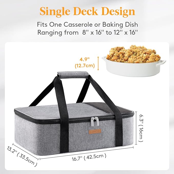 Lifewit Insulated Casserole Carrier for Hot or Cold Food, Lasagna Lugger Tote for Potluck Parties/Picnic/Cookouts, Fits 11"x15" Baking Dish, Grey
