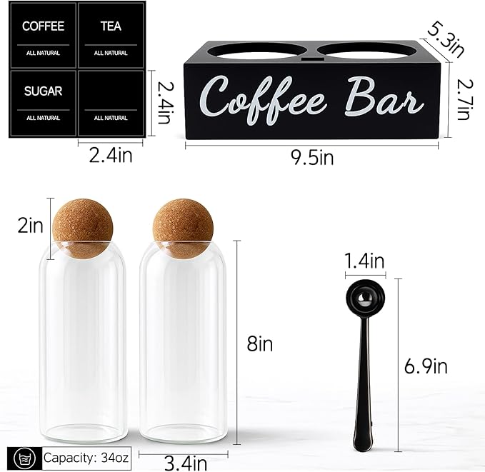 Coffee Container Set of 2 – 34oz Airtight Glass Coffee Bean Storage Jars with Wooden Lids, Metal Scoop & Wooden Base, Coffee Bar Organizer for Countertop, Tea & Sugar Canisters with Labels