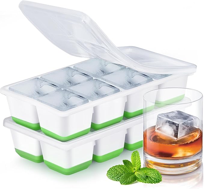 Large Ice Cube Trays with Lid, Jrisbo 2 Pack Stackable Silicone Ice Cube Molds for Freezer, Easy Release 16 Big Square Ice Trays for Whisky Cocktails