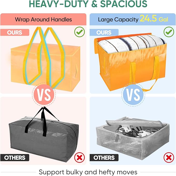 BALEINE 6-Pack Oversized Moving Bags with Reinforced Handles, Heavy-Duty Storage Tote for Clothes, Moving Supplies (Light Yellow, 6-Pack)