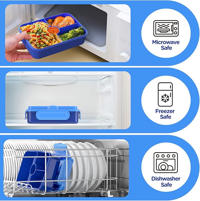 Jelife Bento Lunch Box for Kids - Leakproof Large Bento-Style with 4 Compartments Portions Lunchbox with Tableware Back to School, Reusable On-the-Go Meal and Snack Packing, Blue