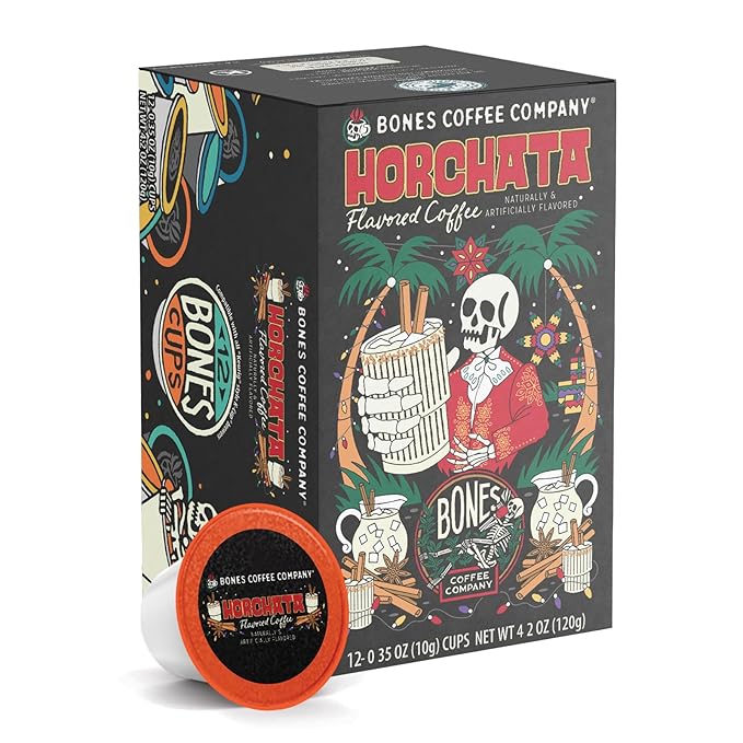 Bones Coffee Company Horchata Flavored Coffee Pods, Low Acid Medium Roast Single-Serve Bones Cups, Compatible with 1.0 & 2.0 K-Cups Brewers Coffee Maker, 12 Count