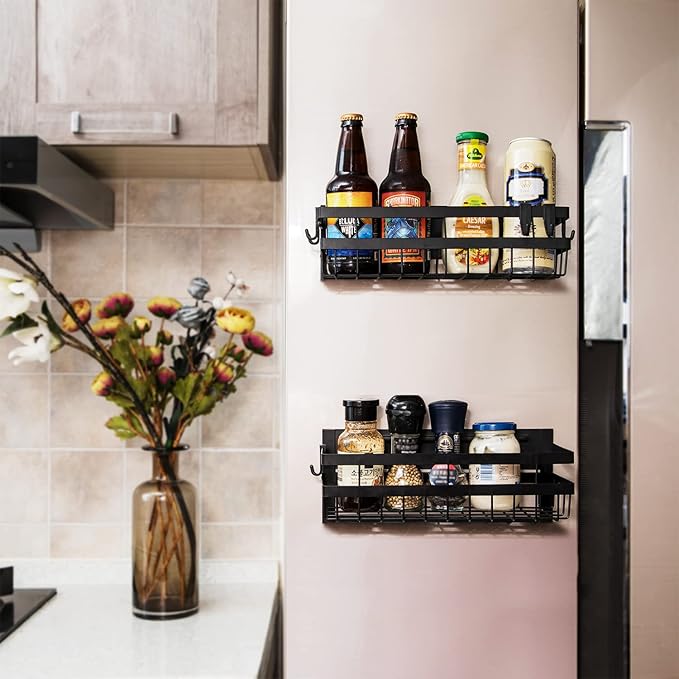 Sleclean Magnetic Spice Rack Organizer for Refrigerator, Pack of 2, Fridge Organizer Shelf, Refrigerator Organizers and Storage, Multi Use Kitchen Magnetic Shelf,11.8"x4.5"x4.3",Black