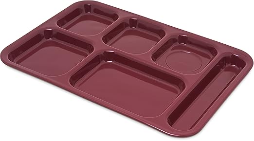Carlisle FoodService Products Right Hand 6-Compartment Melamine Tray 14.5" x 10" - Dark Cranberry (Pack of 12)