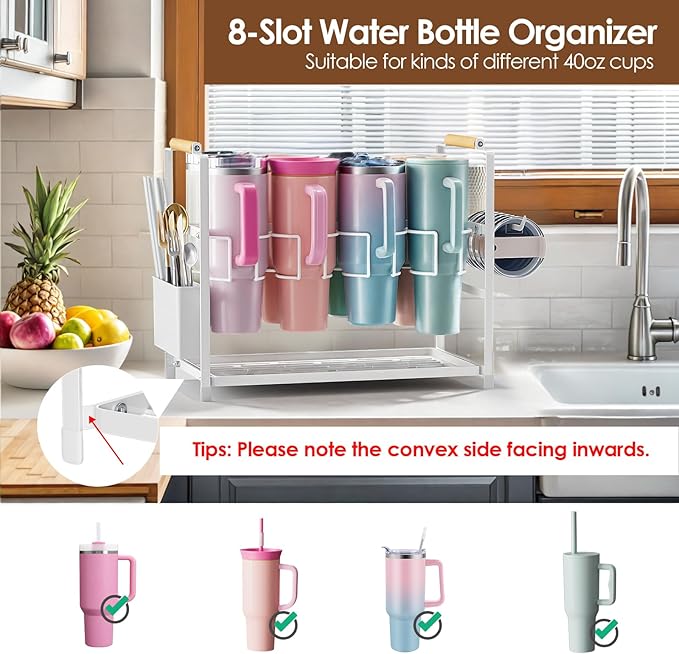 Housolution Water Bottle Organizer Drying Rack for 40 oz Tumbler with Handle, Multifunctional Cup Storage Holder Compatible with Stanley, Owala, Simple Modern and Other Brands, White (Patented)