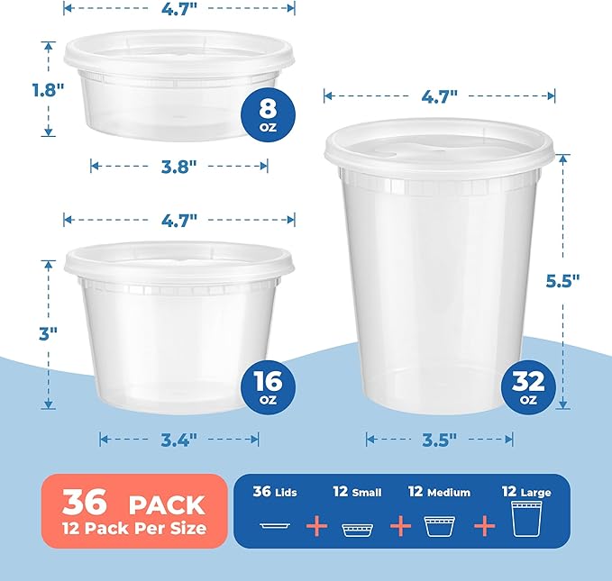 Fit Meal Prep 36 Pack 8 16 32 oz Deli Containers with Lids Variety Pack, US Made Leakproof Assorted Plastic Soup Containers, Combo Clear Food Storage Containers with Lids, Microwave Freezer Safe