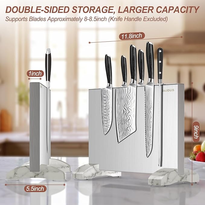 Magnetic Knife Block, Magnetic Kitchen Knife Holder Stand with Strong Magnet Strip for Kitchen Counter, Stainless Steel Double-Sided Universal Knife Storage Rack Organizer Without Knives
