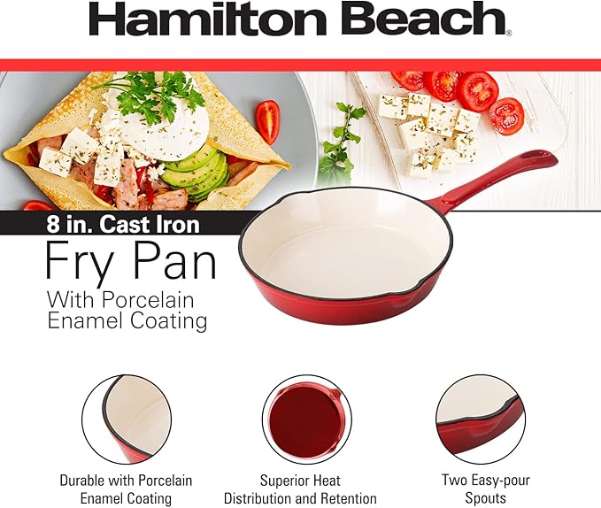 Hamilton Beach Enameled Cast Iron Fry Pan 8-Inch Red, Cream Enamel coating, Skillet Pan For Stove top and Oven, Even Heat Distribution, Safe Up to 400 Degrees, Durable