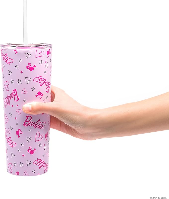 Dragon Glassware x Barbie Vacuum Insulated Tumbler with Lid and Straw - 24 oz Tumbler Cup with 2 Straws - Stainless Steel Tumbler with Straw for Water, Iced Tea - Travel Coffee Tumbler - Love Out Loud