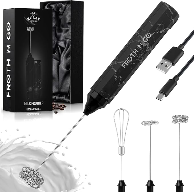 Zulay Froth N Go Milk Frother – Rechargeable 3-in-1 Handheld Frother Wand with Travel Case & USB-C Charger – Single, Double & Egg Whisk for Latte, Cappuccino, Matcha, Protein Shakes – Black Marble