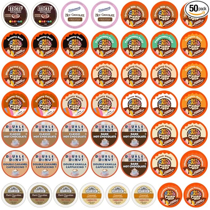 Hot Chocolate and Cappuccino Single Serve Cups, Variety Pack Sampler For Keurig K Cup Brewers, includes Hot Cocoa from Grove Square and Crazy Cups, 50 Count