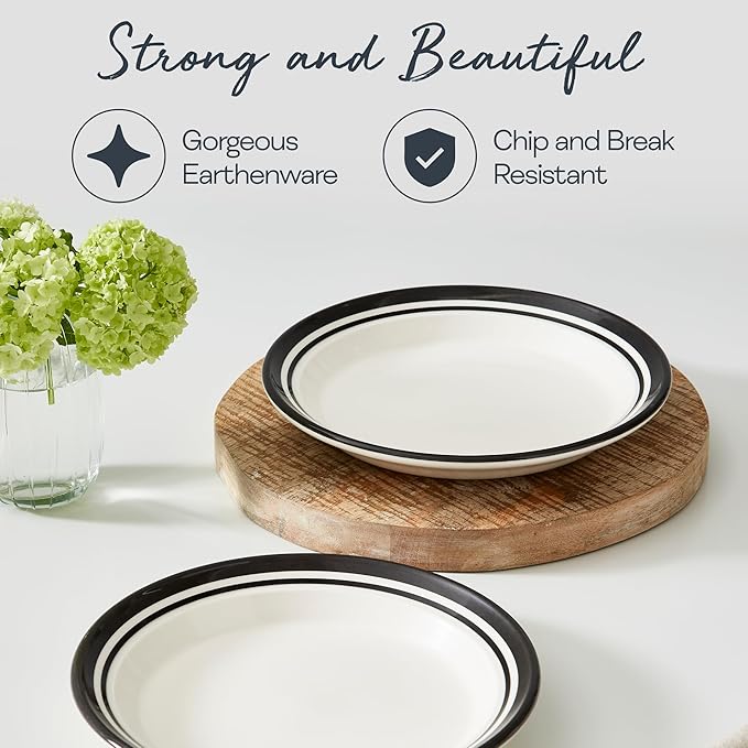 Portmeirion Potter's Striped Dinner Plate (Set of 4) - 8-Inch Stackable Earthenware Plates - Microwave & Dishwasher Safe, Handcrafted Dinnerware for Casual & Formal Table Settings (Black Stripe)