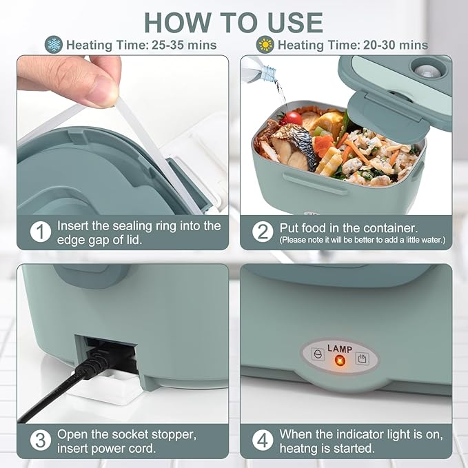 Electric Lunch Box Food Heater, 3 in 1 Ultra Quick Heated Lunch Boxes for Adults, 12V/24V/110V Portable Food Warmer for Car/Truck/Office With Fork Spoon and Insulated Carry Bag