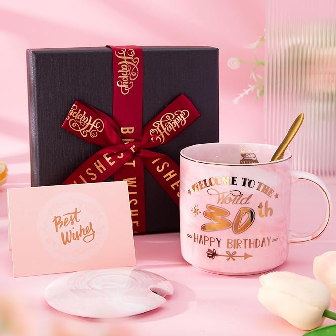 30th Birthday Gifts for Women, Unique Happy 30 Year Old Birthday Gifts Ideas for Women, Wife, Mom, Daughter, Sister, Aunt, Best Friends, BFF, 14Oz Fabulous Pink Marble Mug with Gold Pattern, Gift Box