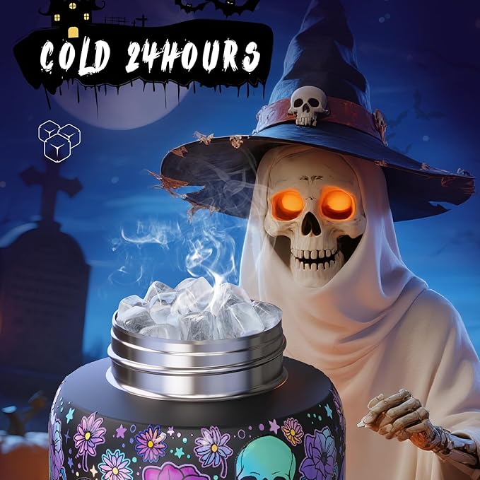 Halloween Insulated Water Bottle with Straw - Stainless Steel Water Bottle with Push Button Lid, Leak-Proof BPA-Free, Keeps Cold for 24 Hours for Halloween gifts, Party (32 oz, Floral Afterlife )