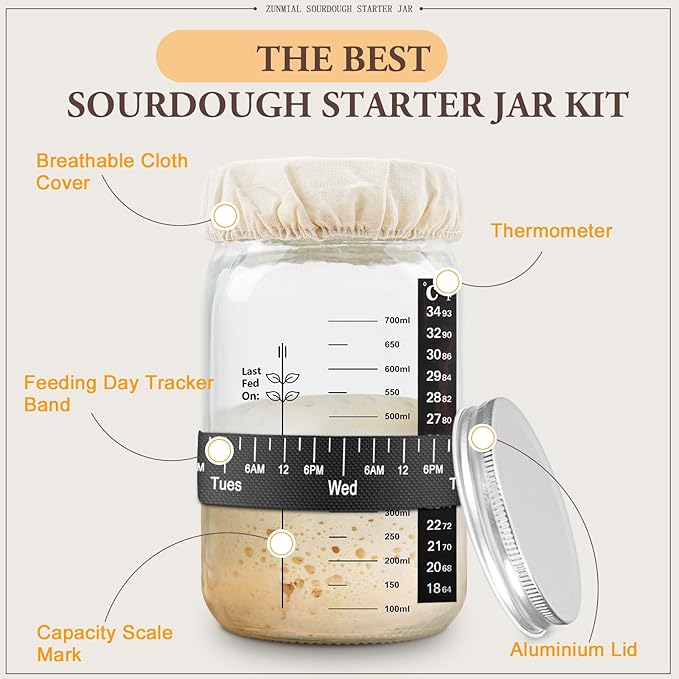 Sourdough Starter Jar, 34OZ Sourdough Starter Kit with Date Marked Feeding Band, Thermometer Cloth Cover, Metal Lid, Reusable Sourdough Bread Baking Supplies, Home Baking Gifts