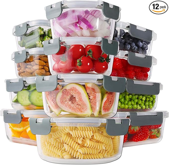 HOMBERKING 24pc Borosilicate Glass Food Storage Containers with Lids, Glass Meal Prep Containers with Leak Proof Snap Lock Lids, Airtight Bento Lunch Boxes, Kitchen Storage (12 lids & 12 Containers)