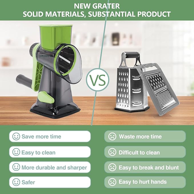 Rotary Cheese Grater Multi-Purpose Stainless Steel Shredder- Cheese Grater With handle Effortless Grating of Vegetables, Nuts and Fruits,with Suction Base and Cleaning Brush (green)