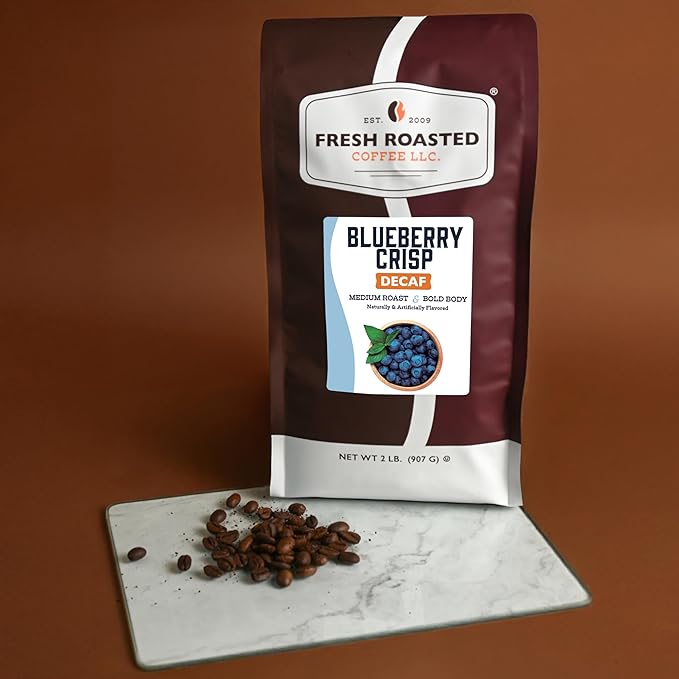 Fresh Roasted Coffee, Decaf Blueberry Crisp Flavored Coffee, 2 lb (32 oz), Medium Roast, Kosher, Whole Bean