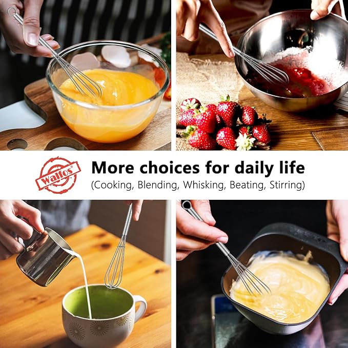 Walfos 6 Inch Mini Whisks, Small Whisks Bulk 304 Stainless Steel Set of 6, Tiny Whisk For Beating Eggs, Whisking, Blending Ingredients, Mixing Sauces