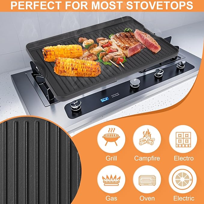 BBQ Griddle Insert for Camp Chef Reversible Griddle, Pre-Seasoned Griddle Plate for Camp Chef 1/2/3 Burner Stoves, Skillet,Oblong Pancake Pan for Outdoor Gas Grill/Stovetop,15.5" x 13.5" Cast Iron,1PC