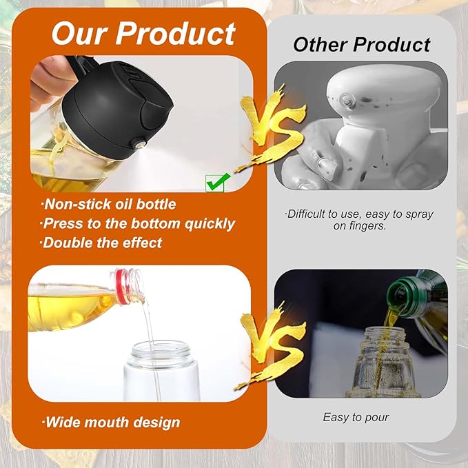 2-in-1 Glass Oil Dispenser & Sprayer - 16oz/470ml Leakproof Bottle for Cooking, Air Fryer, BBQ, Baking, Salad (Transparent Black 2PCS)
