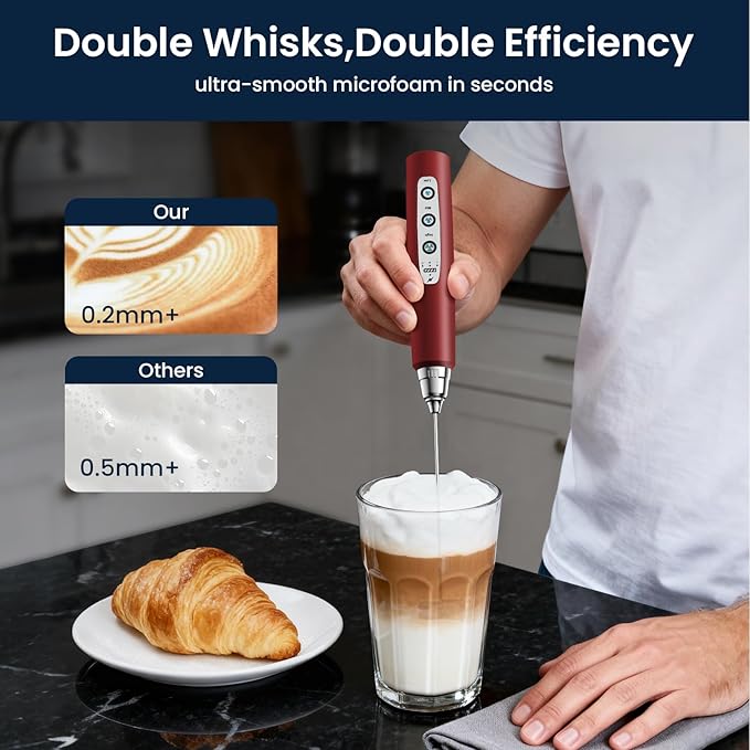 Milk Frother with Stand Rechargeable-Handheld Frother Wand with 3 Stainless Whisks 3 Speed Adjustable, Electric Whisk Drink Mixer, Foam Maker Blender for Matcha Latte Cappuccino Chocolate
