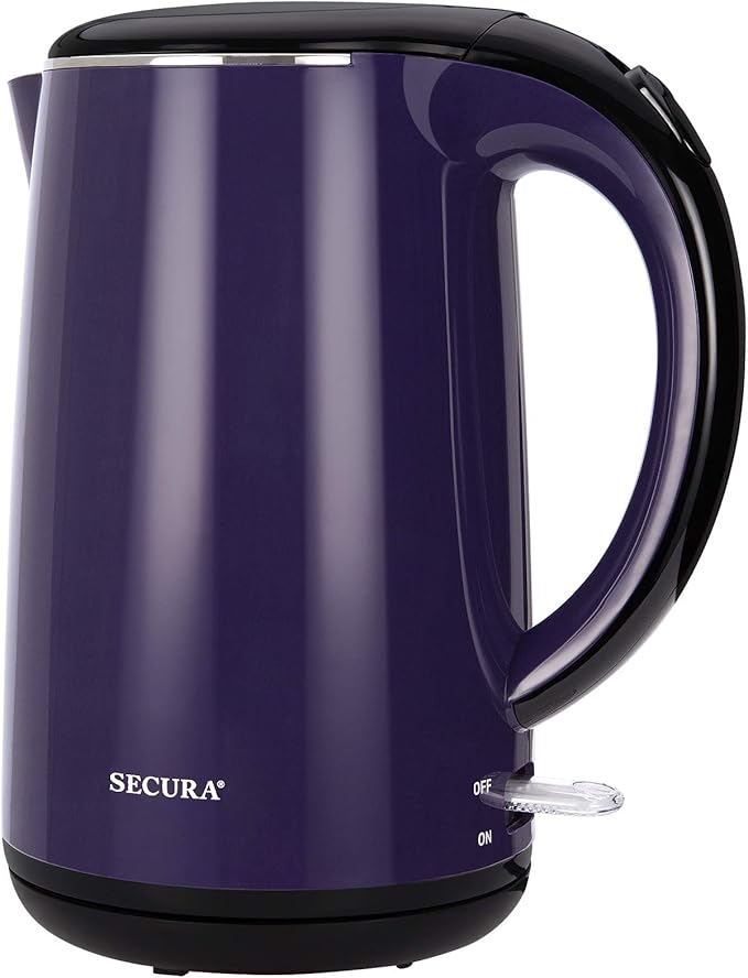 Secura Original Stainless Steel Double Wall Electric Water Kettle 1.8 Quart with Auto Shut-Off & Boil-Dry Protection, Dark Purple SWK-1701DP/HB-3227B