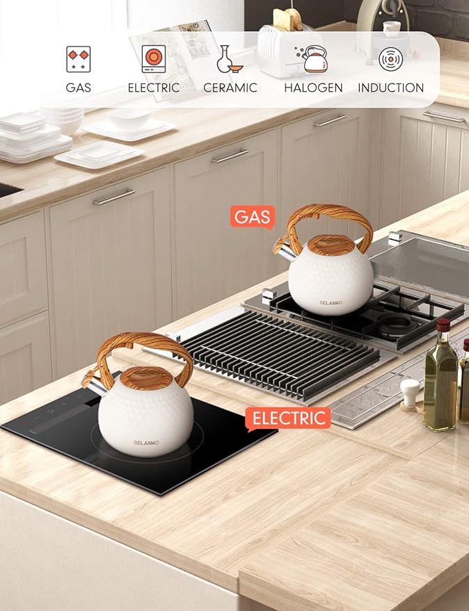 BELANKO 2.7 Quart Tea Kettle for Stovetop - Food Grade Stainless Steel with Diamond Texture, Designer Teapot Look, Cool-Touch Wood Pattern Handle, Whistling Spout - Milk White