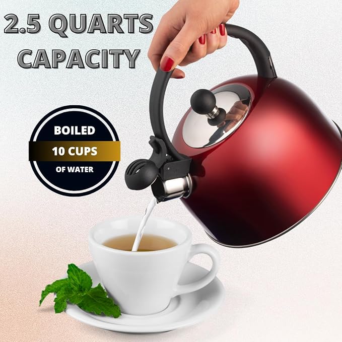 Venoly 2.5 Liter Whistling Tea Kettle - Modern Stainless Steel Whistling Tea Pot for Stovetop Hot Water Boiler with Cool Grip Ergonomic Handle (Wine Red, 2.5 Liter)