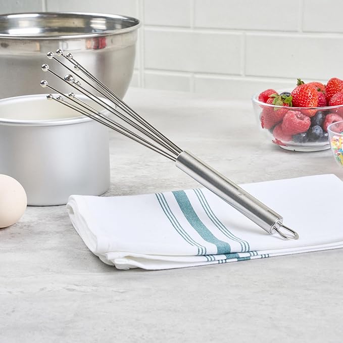 Restaurantware-German Standard 10.6 Inch Ball Whisks, 6 Dishwashable Kitchen Whisks - Ergonomic Handle, Durable, Stainless Steel Manual Egg Beater, Suitable For Whisking, Stirring, Mixing, Beating