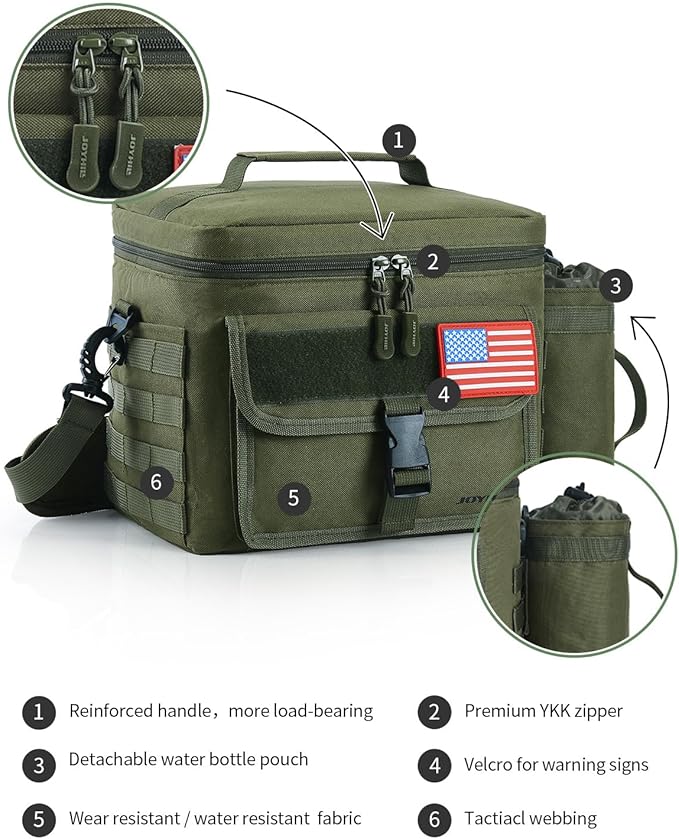 JOYHILL Tactical Lunch Box for Men, Insulated Lunch Bag with Detachable Bottle Pouch Holder, Large Durable Thermal Cooler Bag for Adult, Leakproof Bag for Work, Camping, Picnic, Sandy,13 L/18 Can