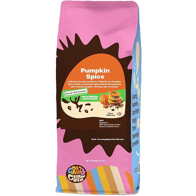 Crazy Cups Decaf Flavored Ground Coffee, Decaffeinated Pumpkin Spice Coffee, For Brewing Flavored Hot or Iced Decaf Pumpkin Coffee, 10oz