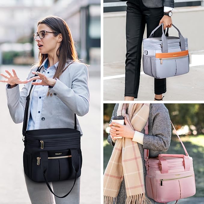 TOURIT Insulated Lunch Box Bag, Double Deck Leakproof Cooler Tote for Work Office Picnic, Expandable Lunch Container, Grey