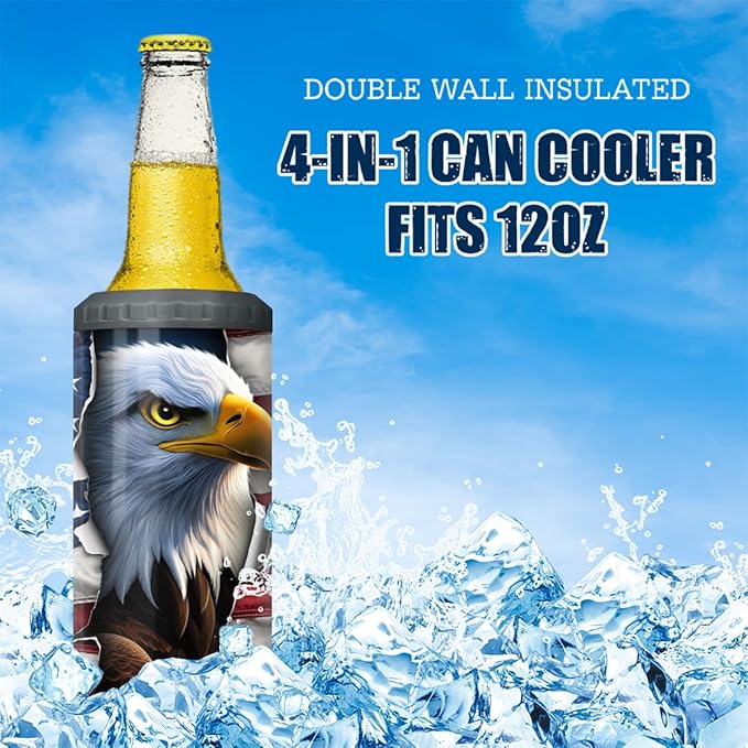 SANDJEST Eagle Tumbler American Flag 4 in 1 12oz Can Cooler Coozie Skinny Stainless Steel Tumbler Gift for Men Dad Father Travel Veteran Day 4th of July