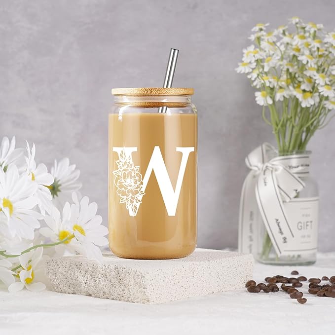 Coolife Initial Glass Cup, Monogrammed Gifts for Women, 16 oz Glass Cups w/Lids Straws, Iced Coffee Smoothie Beer Tumbler w/Straw Lid - Personalized Christmas, Birthday Gifts for Her Mom Friend Woman