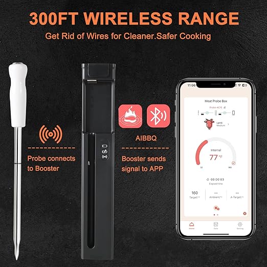 Long Range Wireless Smart Meat Thermometer with Bluetooth Booster, for Oven, Grill, Kitchen, BBQ, Smoker, Rotisserie, Black