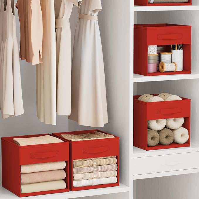 DIMJ Storage Cubes, Cube Storage Bin, 6 Pack Foldable Baskets with Window, Closet Storage Bins with Handle, 11x 11 inch Storage Cubes for Clothes, Toys, Books (Red)