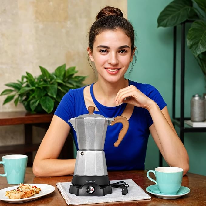 Cafeteras Electricas Modernas,6 Cup Portable Espresso Maker,300ml Moka Pot with Detachable Base & Overheat Protection, Great for Home，Office, or Travel, a Thoughtful Gift for Coffee Lovers