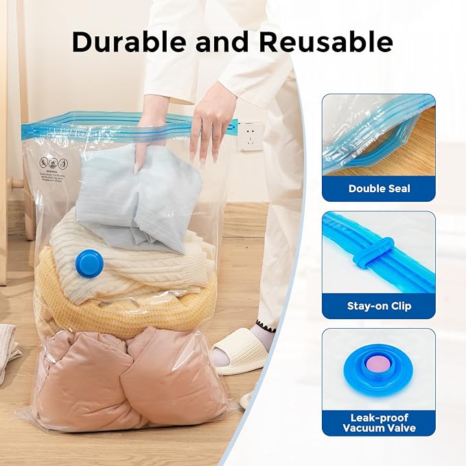 ETENWOLF 4 Pack Vacuum Storage Bags with Rechargeable Wireless Pump, Vacuum Seal Bags for Clothes and Travel, Space Saver Bags in Multiple Carry-On Sizes, Perfect for Luggage and Suitcases