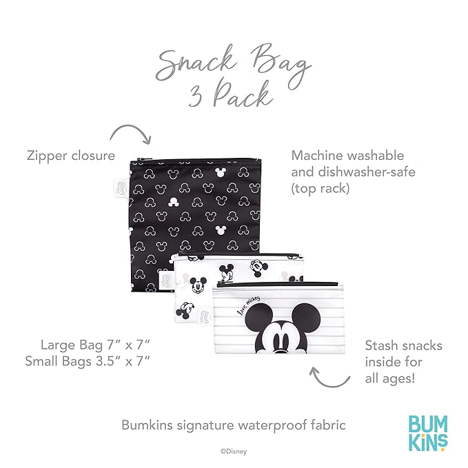 Bumkins - Cloth Snack & Sandwich Bags - For Storage, Travel, Food Prep, Lunch - Reusable, Water Resistant, Washable, Dishwasher Safe - Snack Bags for Kids - Zipper Closure - Love, Mickey - 3 Pack