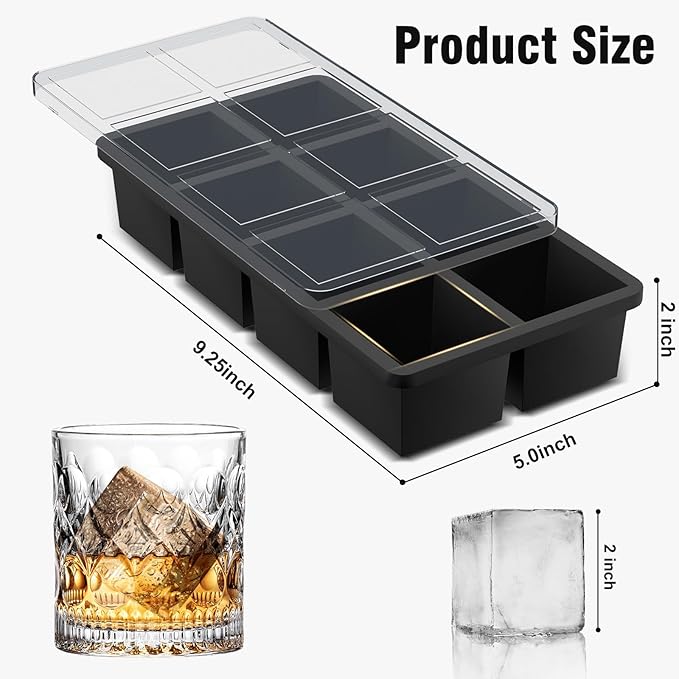 Samuelworld Large Ice Cube Tray: 2024 Upgraded Silicone Square Ice Cube Mold For Whiskey, New Upgraded 2 Inch Large Cubed Ice Trays for Cocktail, Big Cube Ice Maker Mold (2 Pack, Black)