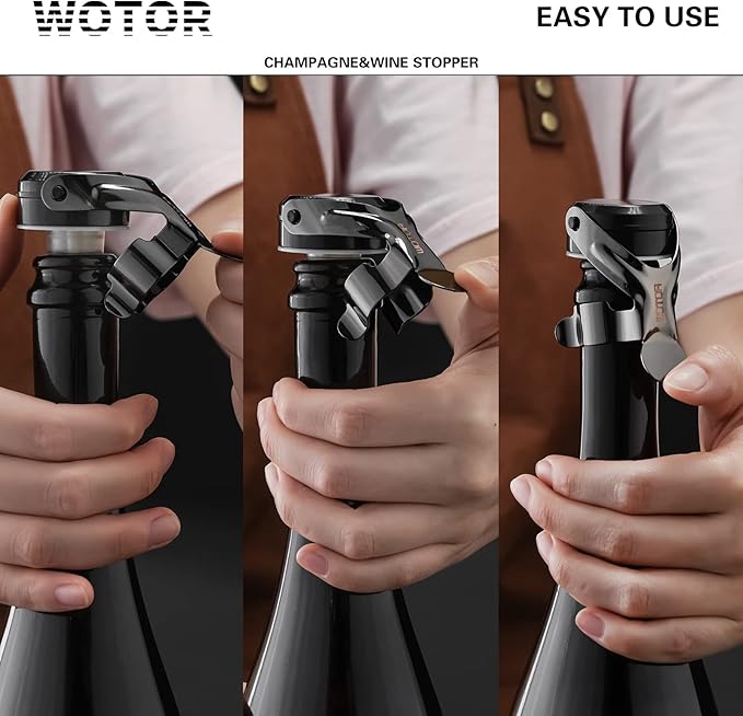 WOTOR Champagne&Wine Bottle Stoppers Stainless Steel with Food Grade Silicone, Leak Proof Keep Fresh Reusable Saver, Cork Suitable for Wine, Champagne, Cava, Prosecco and Sparkling (6 Pack Black）