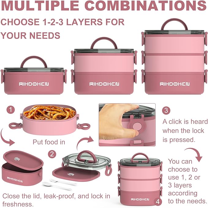 Lunch Box, Stackable 3 Layers Containers, Portable 94OZ Large Capacity Leakproof Bento Box with Spoon & Fork & Sauce Boxes, Microwave Safe Lunch Box for Kids and Adults
