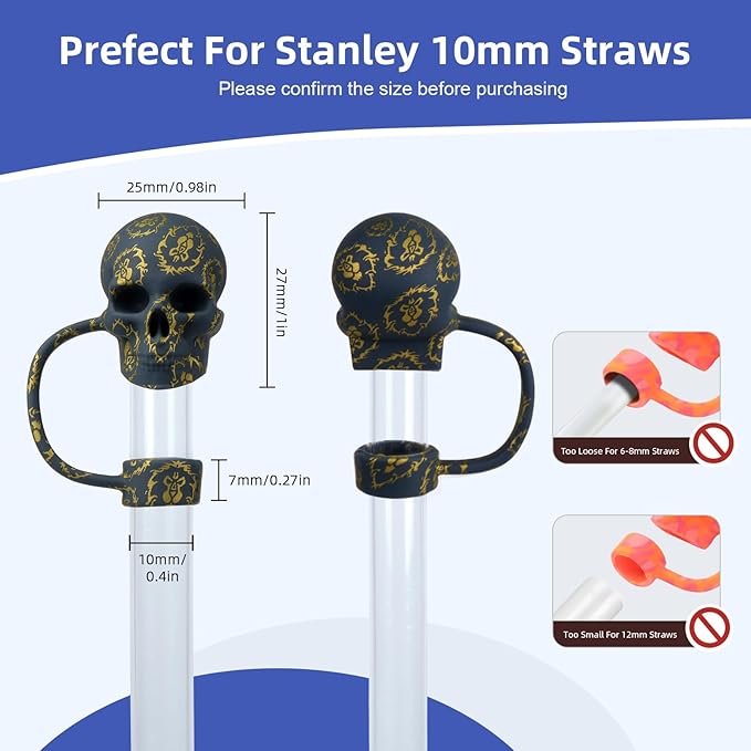 6Pcs 10mm/0.4in Silicone Straw Toppers - Cool Skull Shape Straws Tumbler Accessories for Man & Woman - Reusable&Dust-proof Straw Covers Cap Compatible with Stanley Cup 30 40oz with Handle